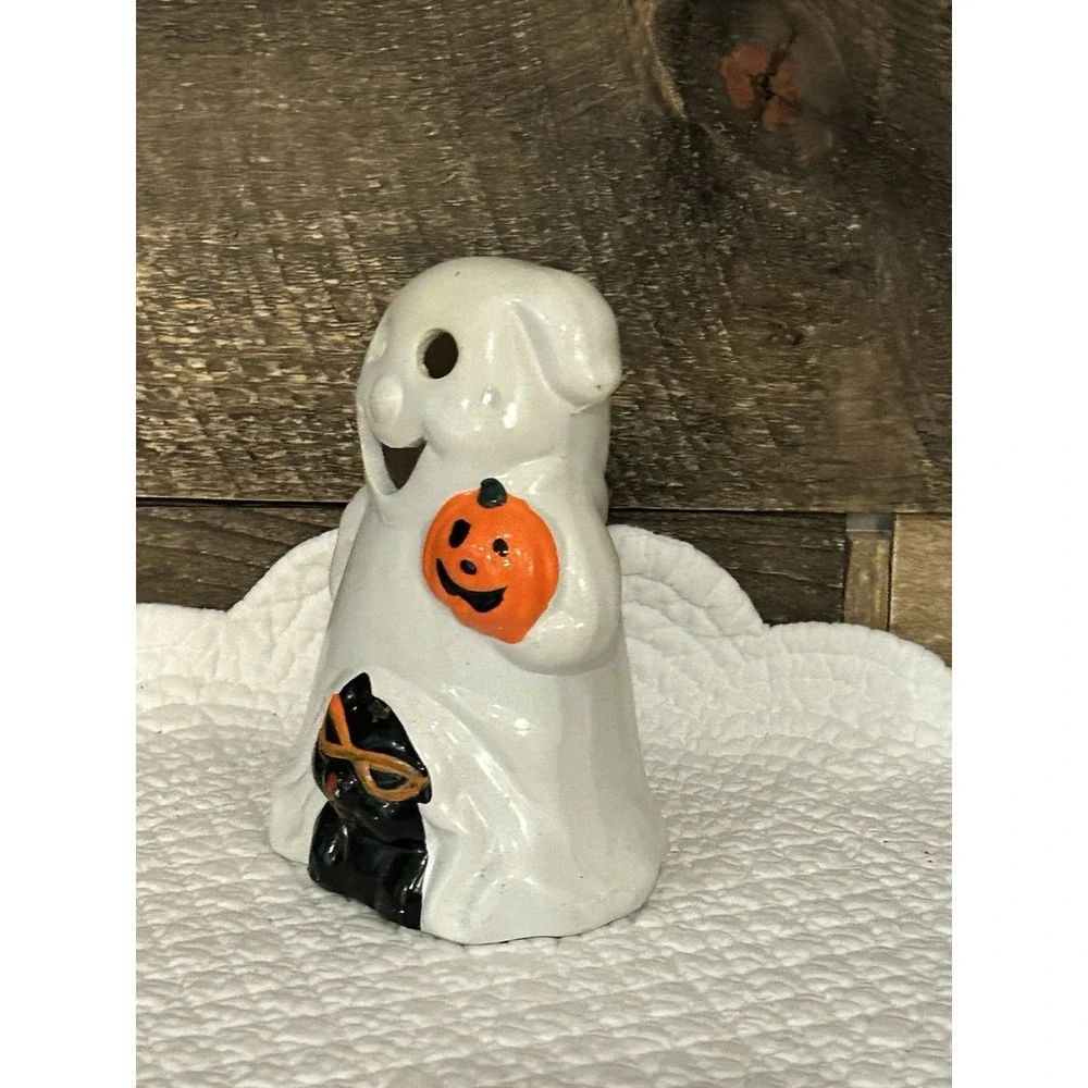 Vtg Kmart Halloween White Ghost JackOLantern & Black Cat Candle Holder‎